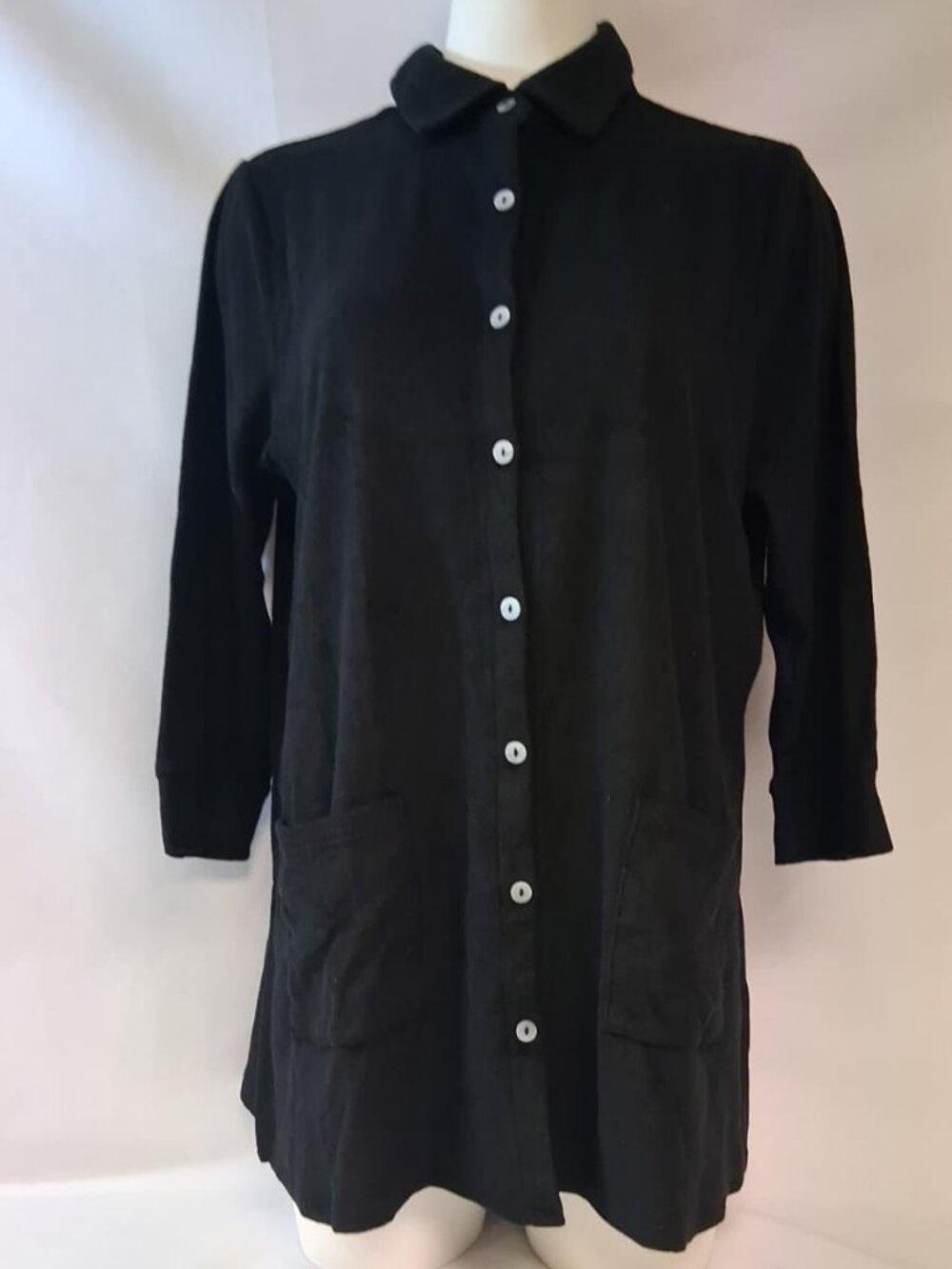 Belle Beach by K Gravel Terry Coverup Top Button up 3/4 Sleeve Pockets BLK SZ M
